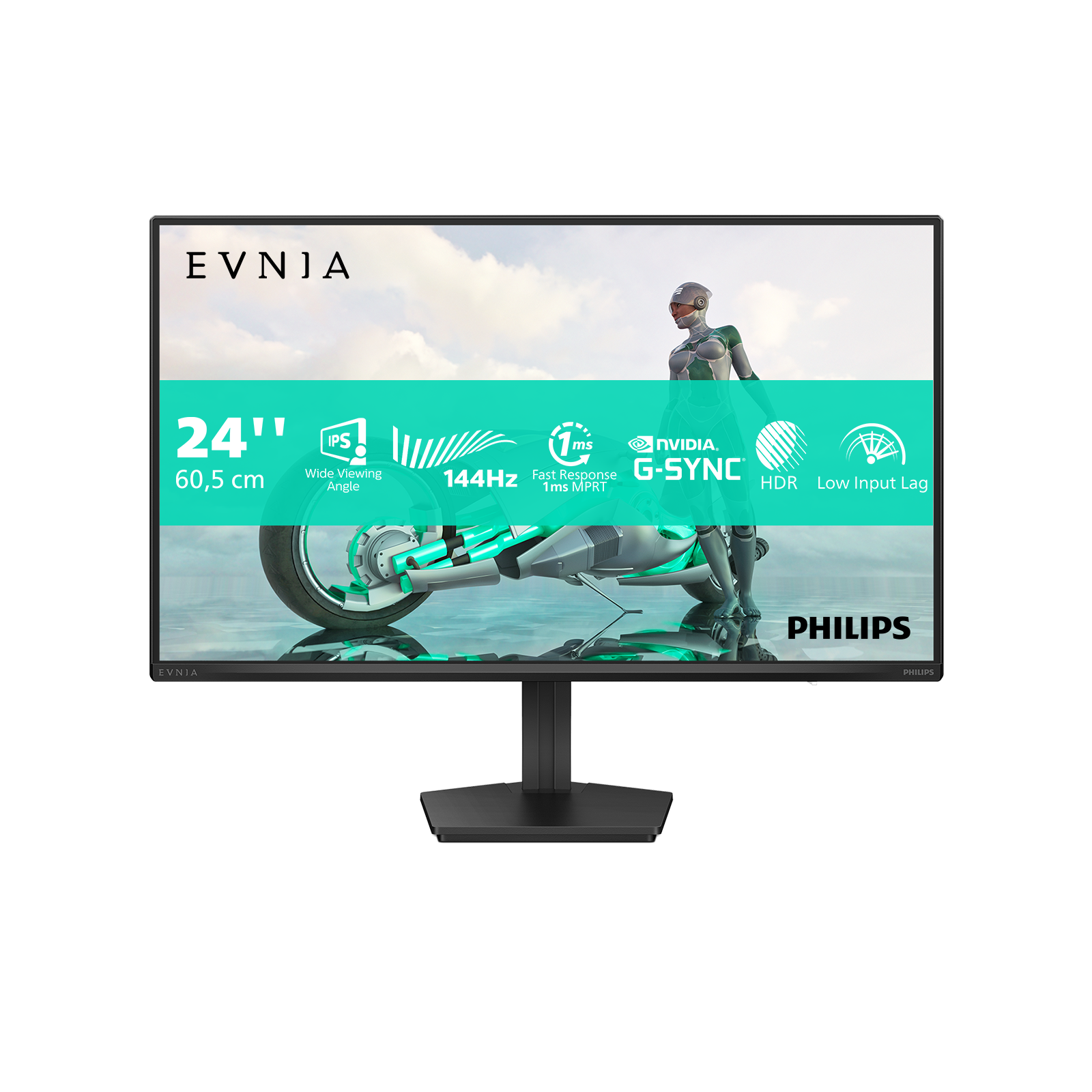 Ein 24-Zoll-Gaming-Monitor mit einem futuristischen Design und technischen Spezifikationen.