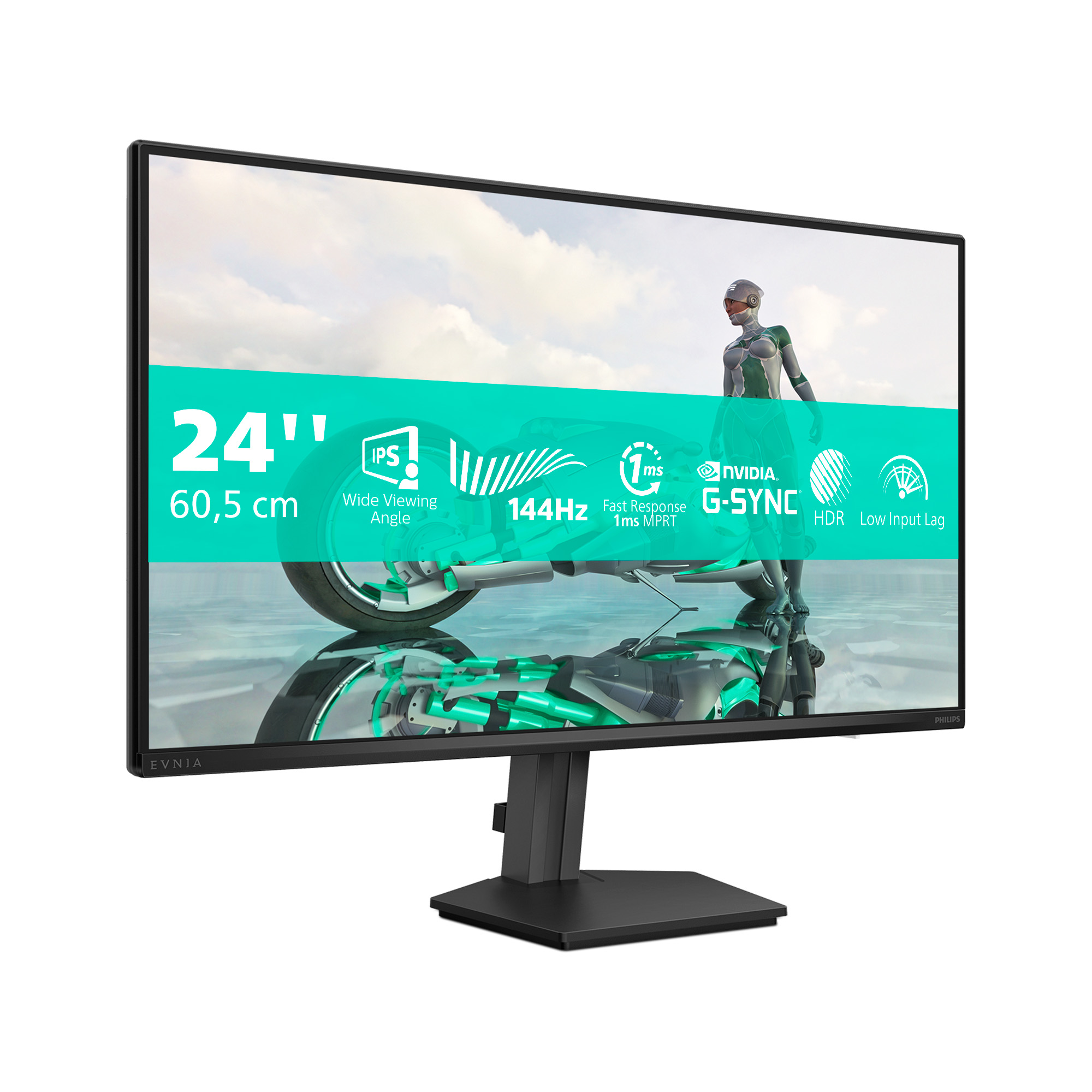 Ein 24-Zoll-Monitor mit 144Hz, G-SYNC und HDR. Anzeige zeigt Motorrad und Cyborg.