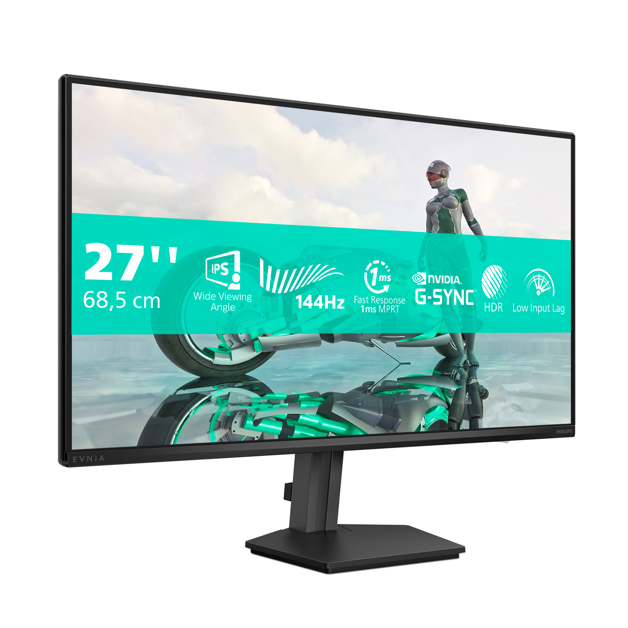 Ein 27-Zoll-Monitor mit 144Hz, IPS, G-Sync und HDR. Zeigt ein futuristisches Motorrad-Design.