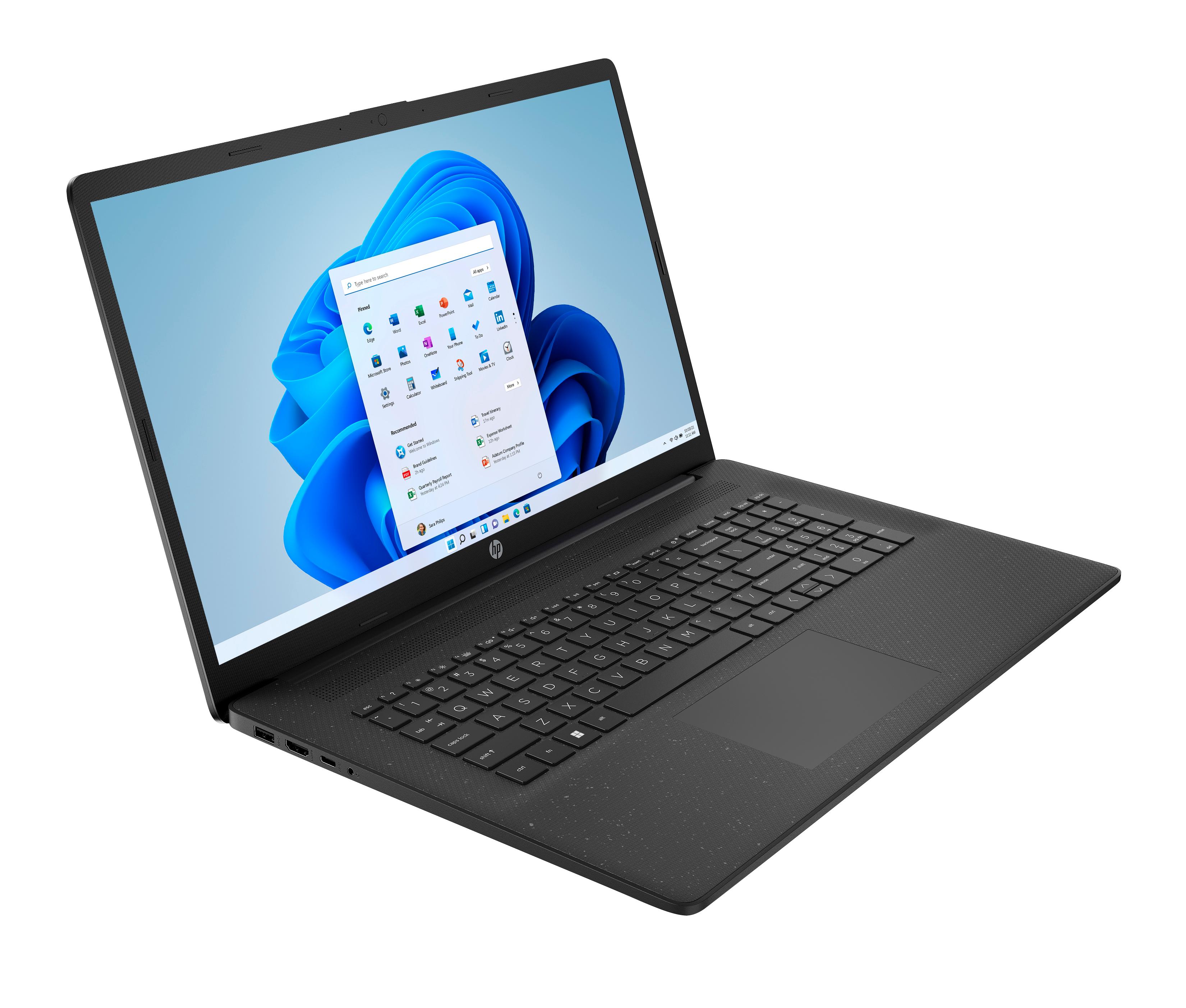 Ein schwarzer HP Laptop mit Windows 11 Startmenü auf dem Bildschirm.