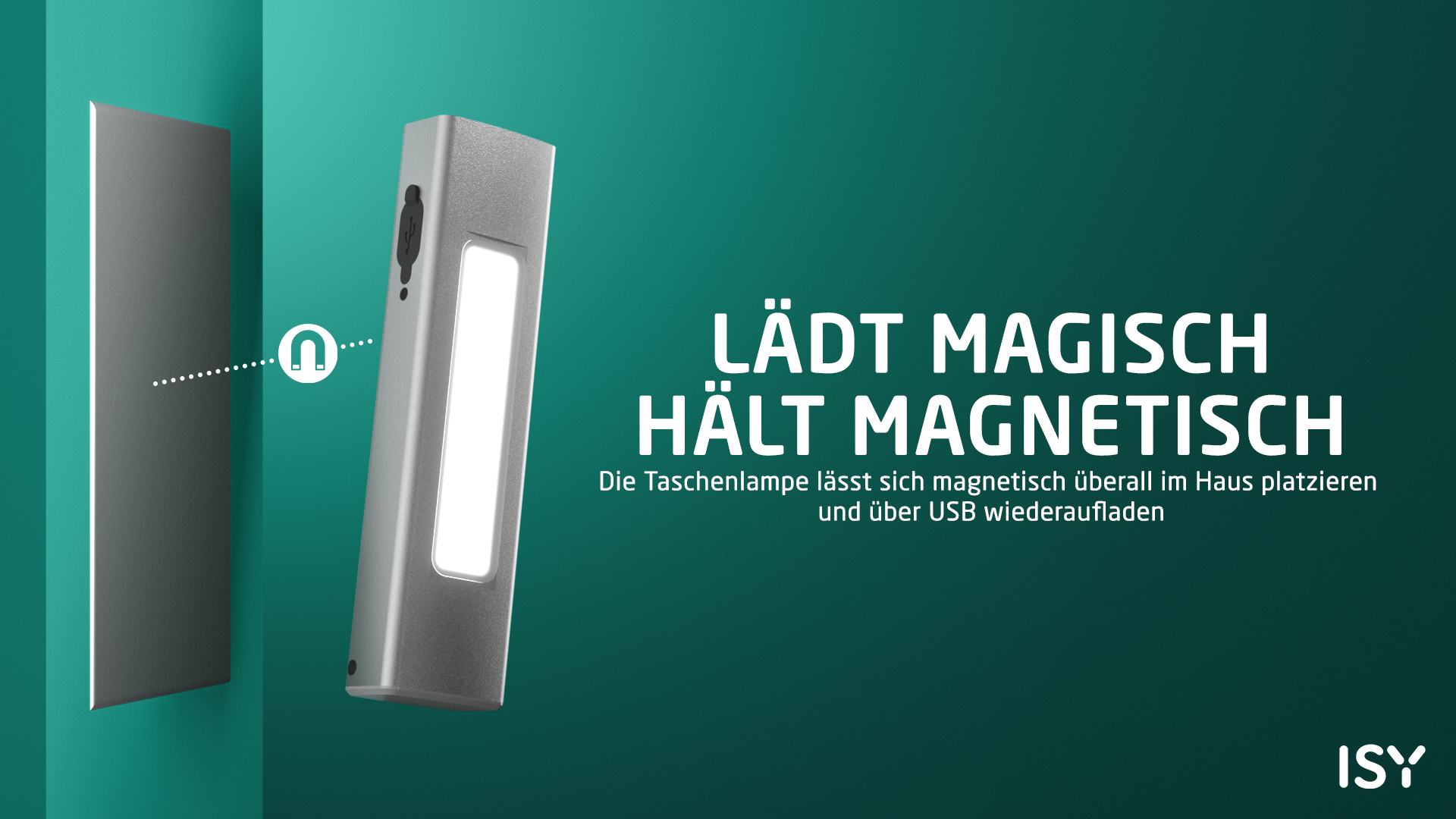 Silberne Taschenlampe mit magnetischer Befestigung und USB-Ladefunktion.