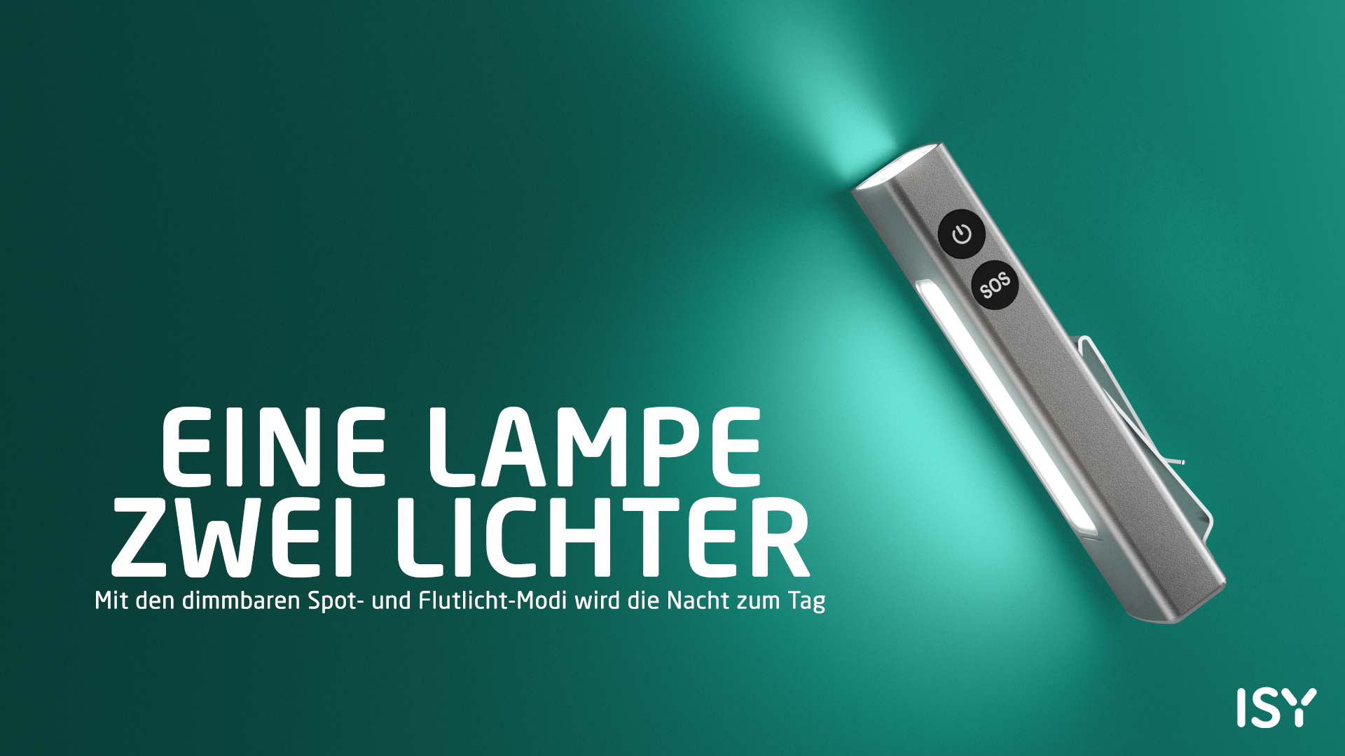 Graue Lampe mit SOS-Knopf leuchtet hell auf dunklem Hintergrund.