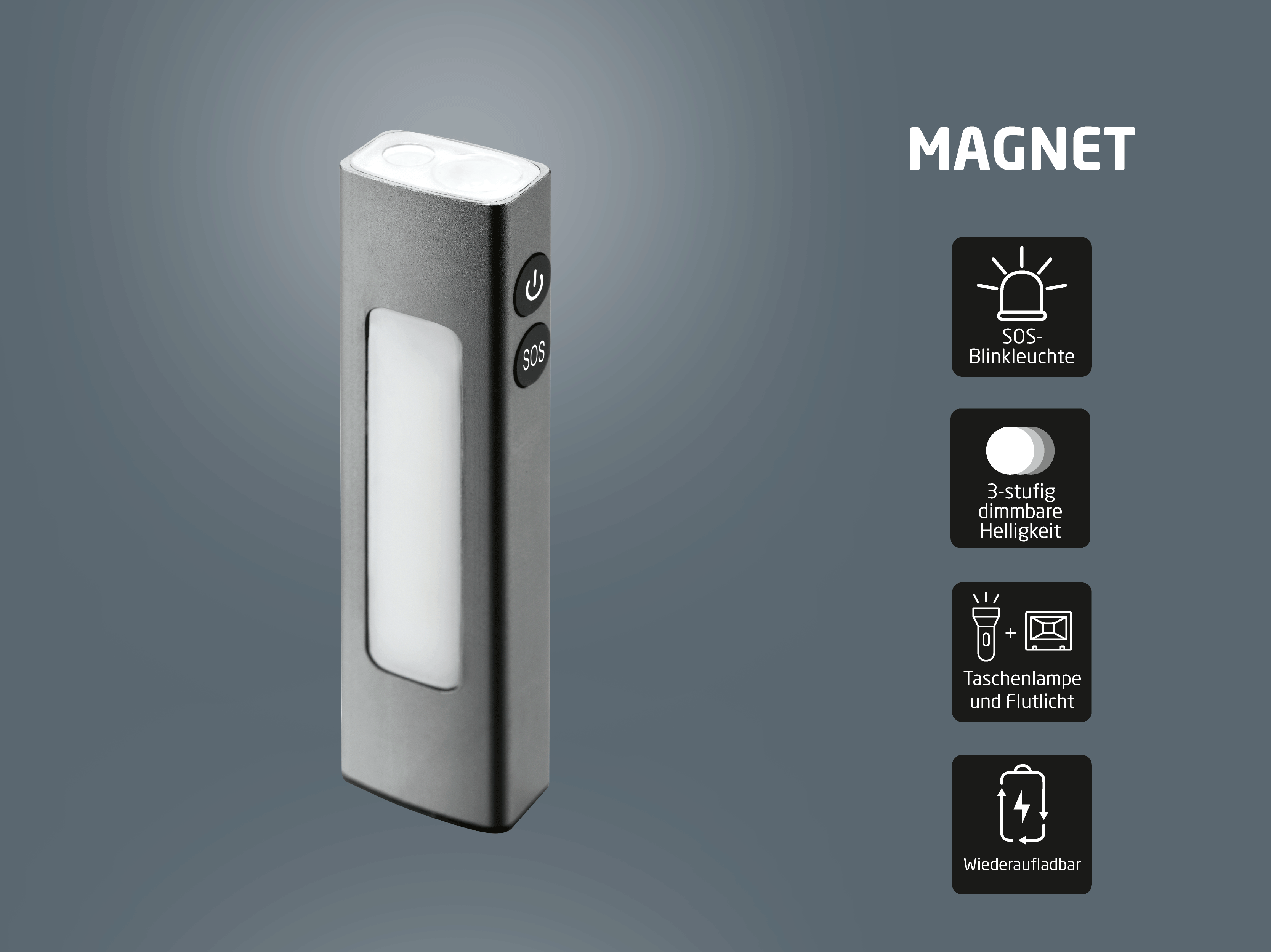 Graue Lampe mit weißem Lichtfeld und SOS-Knopf. Magnet.