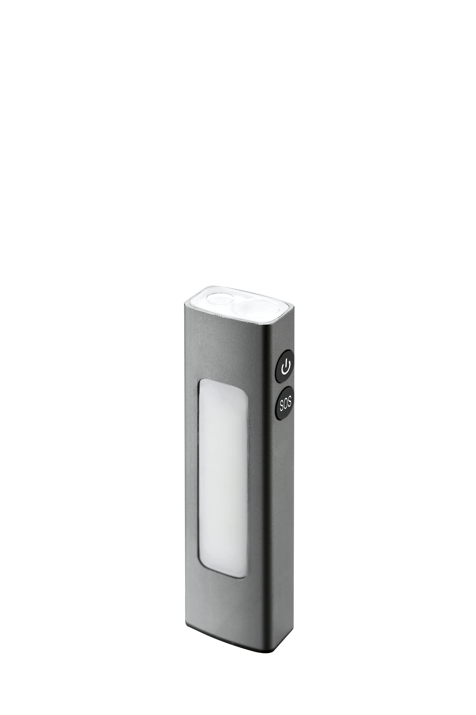 Grijze zaklamp met twee lampjes en SOS-knop op zwarte achtergrond.