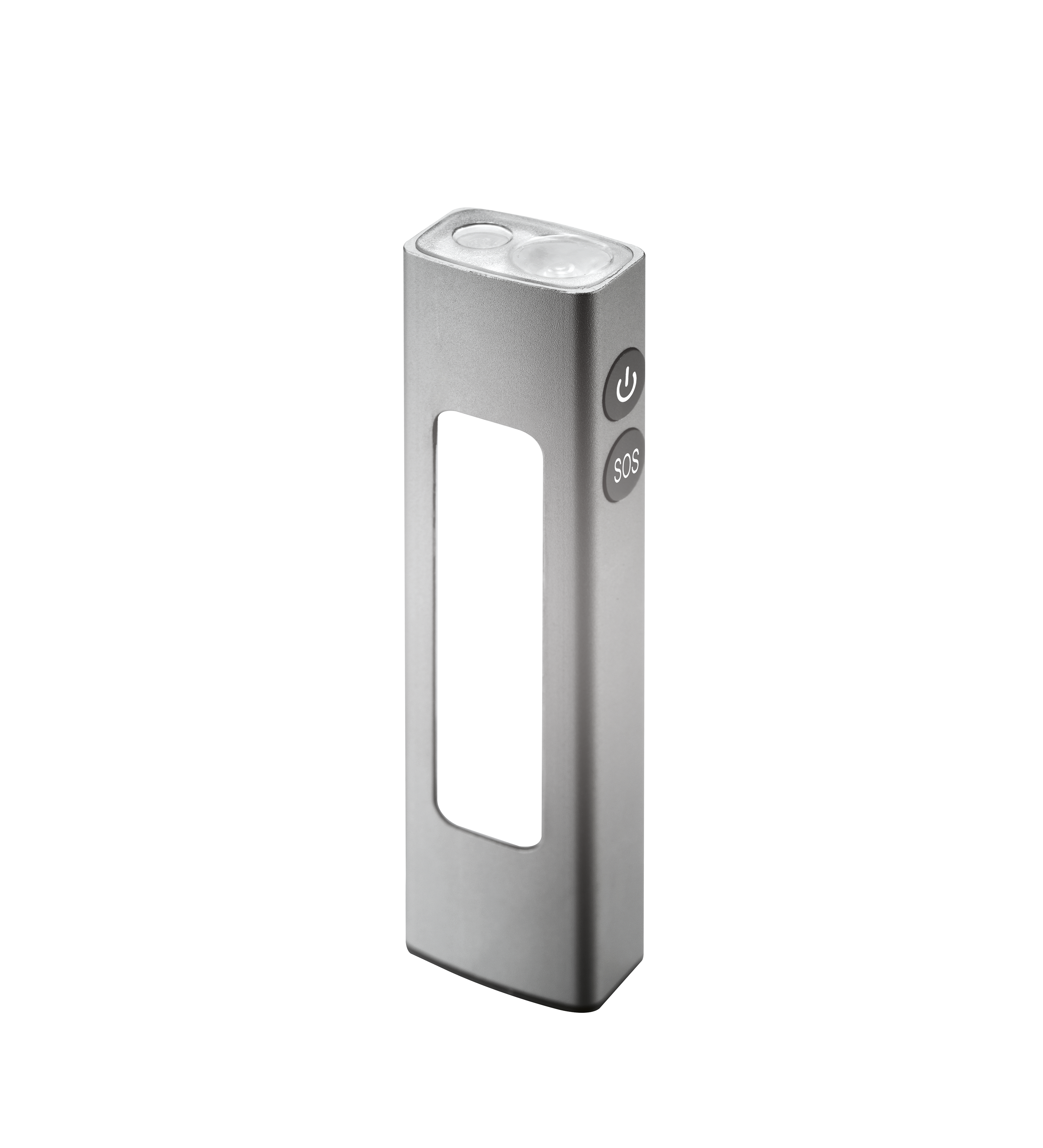 Een zilveren zaklamp sleutelhanger met SOS-knop en fel licht.