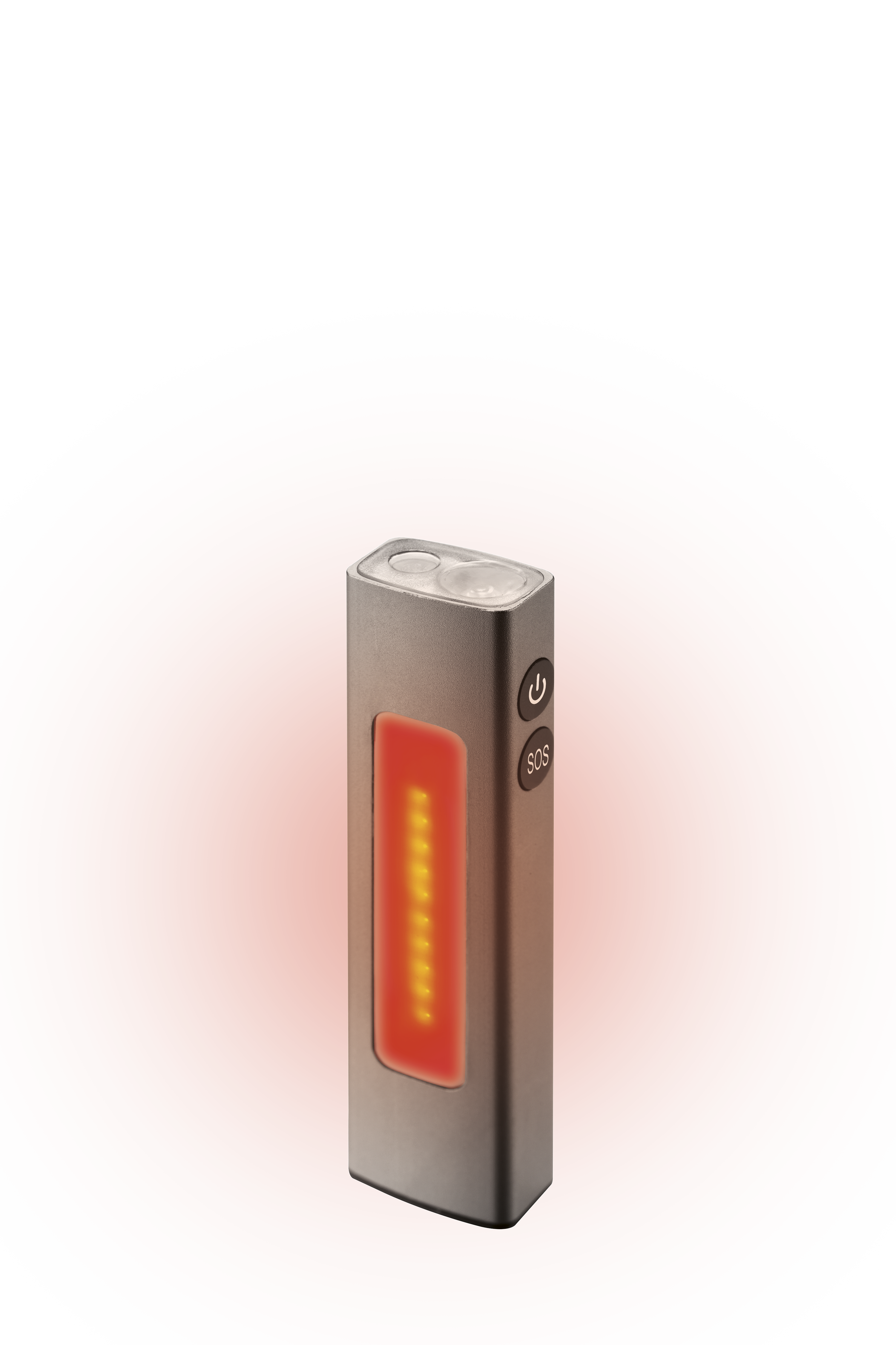 Zilveren zaklamp met rode lichtstrip en SOS-knop.