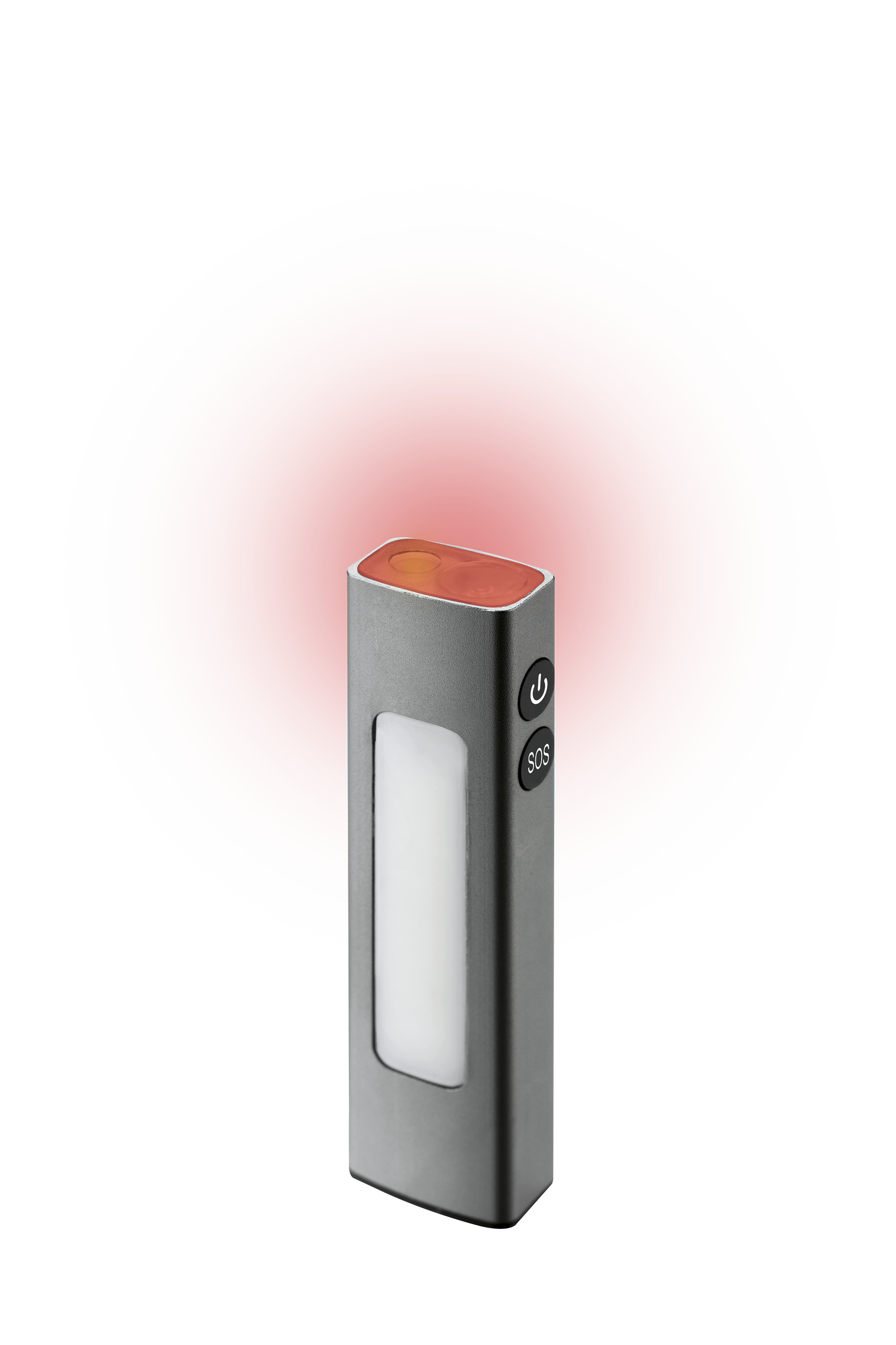 Grijze rechthoekige lamp met rood toplicht en wit voorlicht.