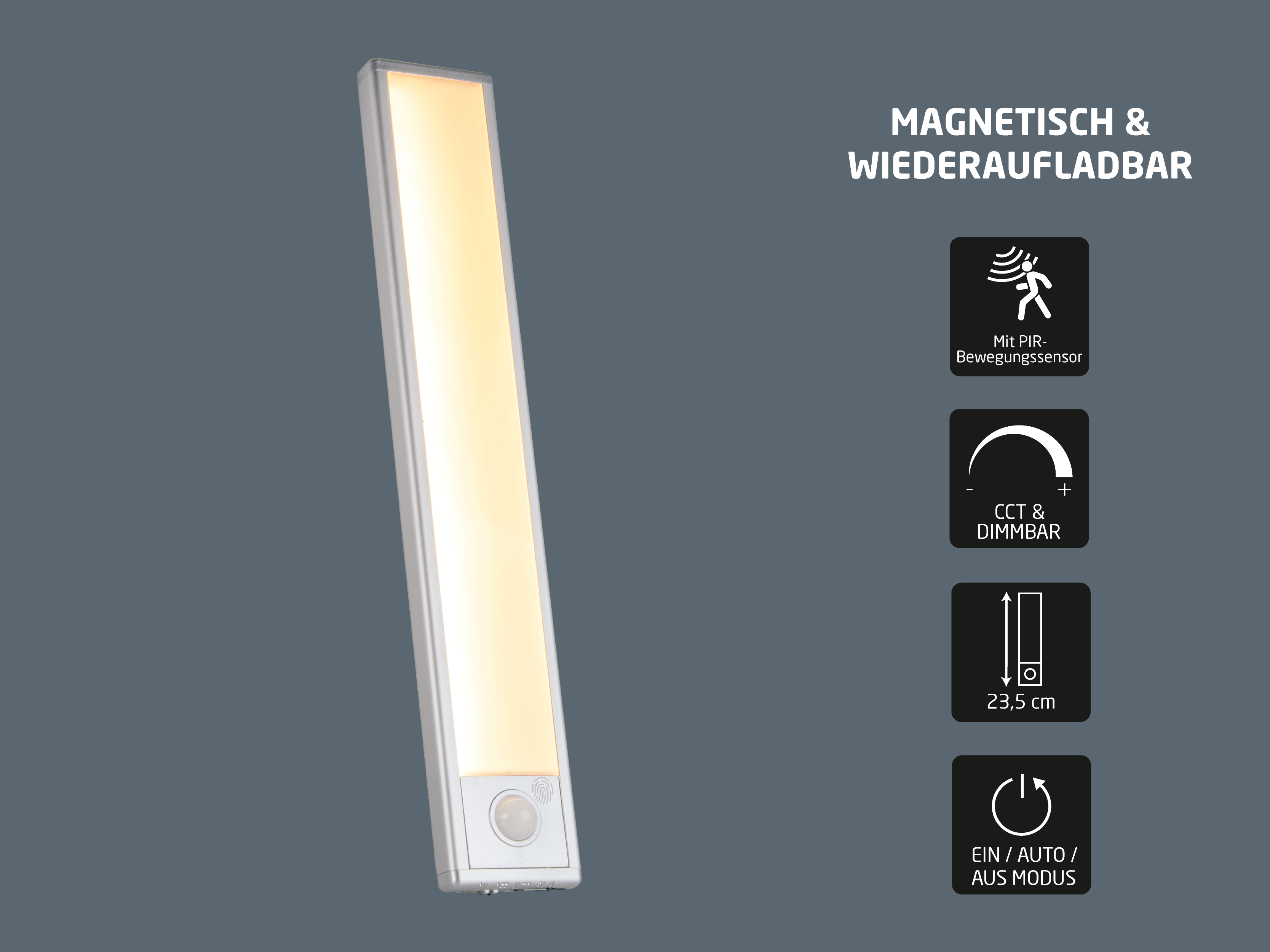 Magnetisches, wiederaufladbares Licht mit PIR-Sensor, 23,5 cm lang, dimmbar.