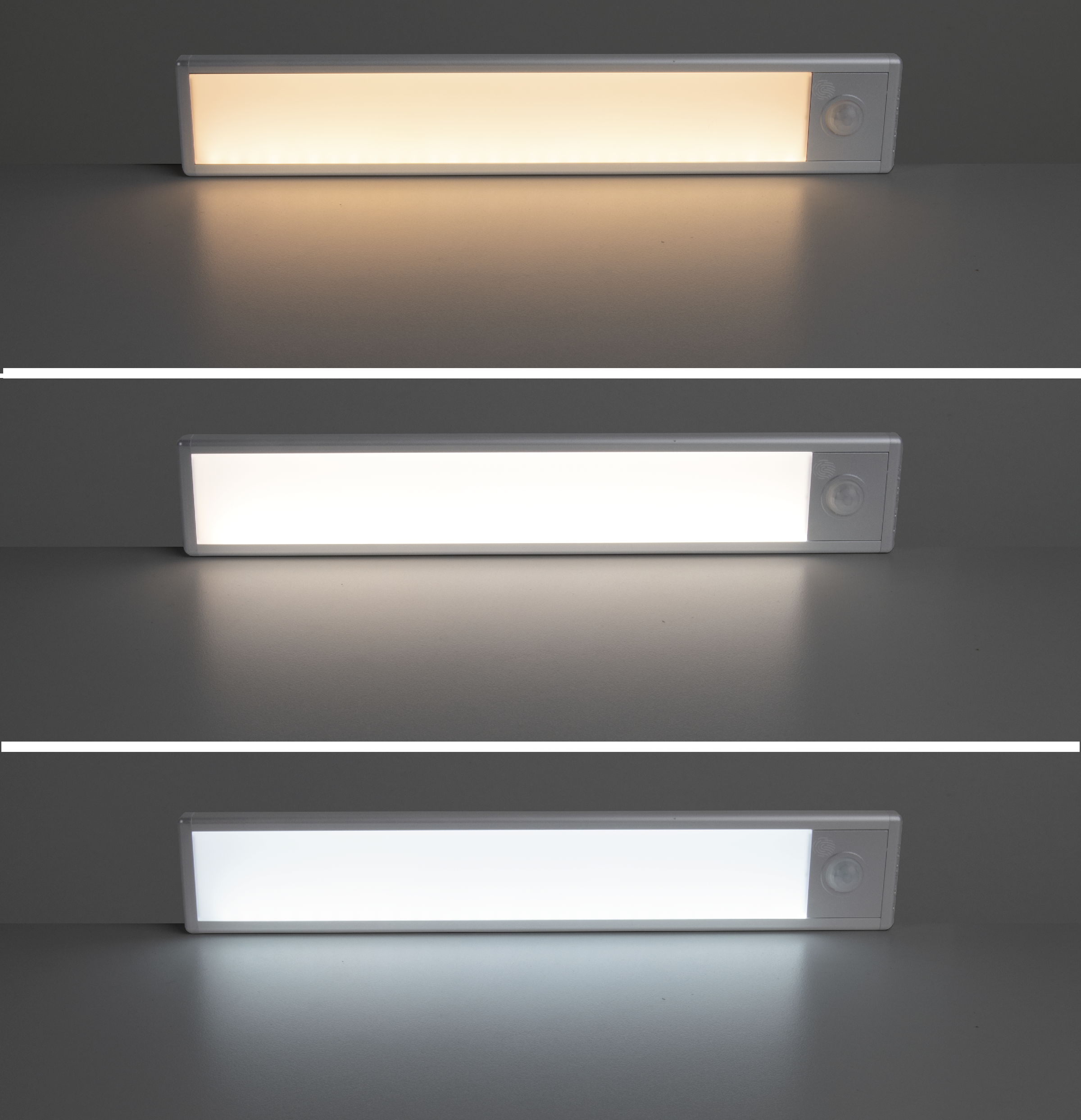 A long, slim LED strip light with a motion sensor, illuminated in three different white tones.