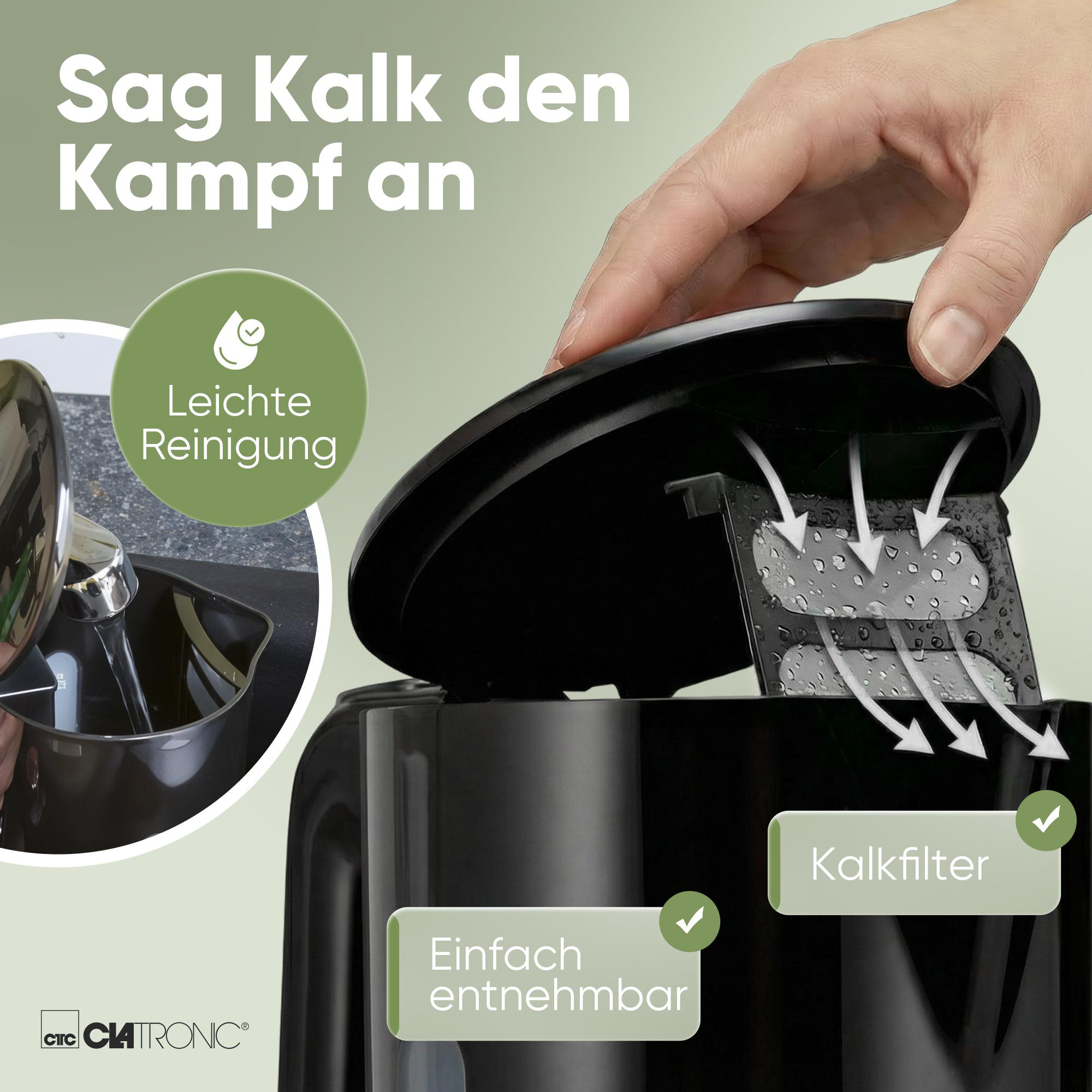 Hand öffnet Wasserkocherdeckel, zeigt Kalkfilter und einfache Reinigung.