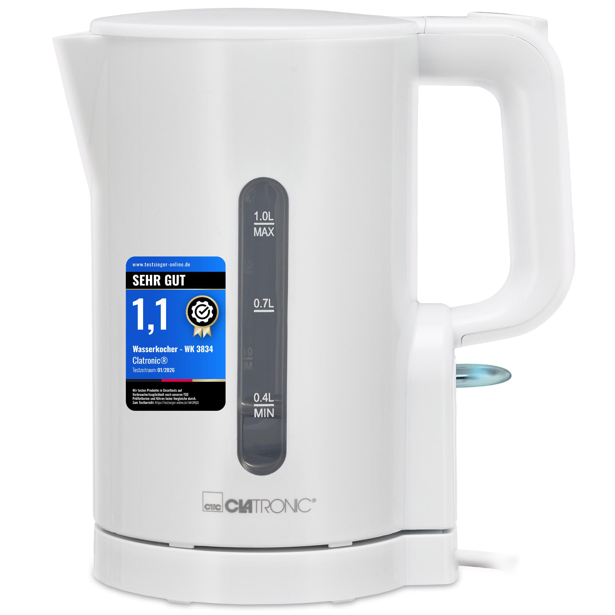 Ein weißer Wasserkocher von Clatronic mit Füllstandsanzeige (1.0L MAX, 0.4L MIN).