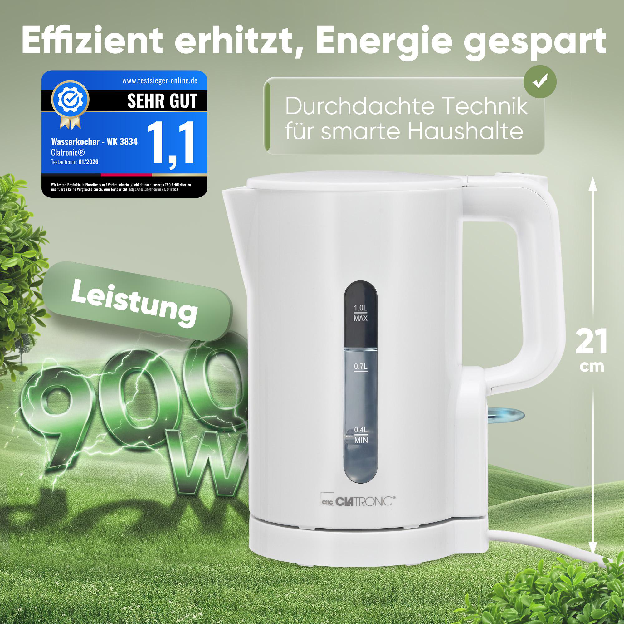Ein weißer Wasserkocher der Marke Clatronic steht auf einer grünen Grasfläche mit stilisierten Blitzen.