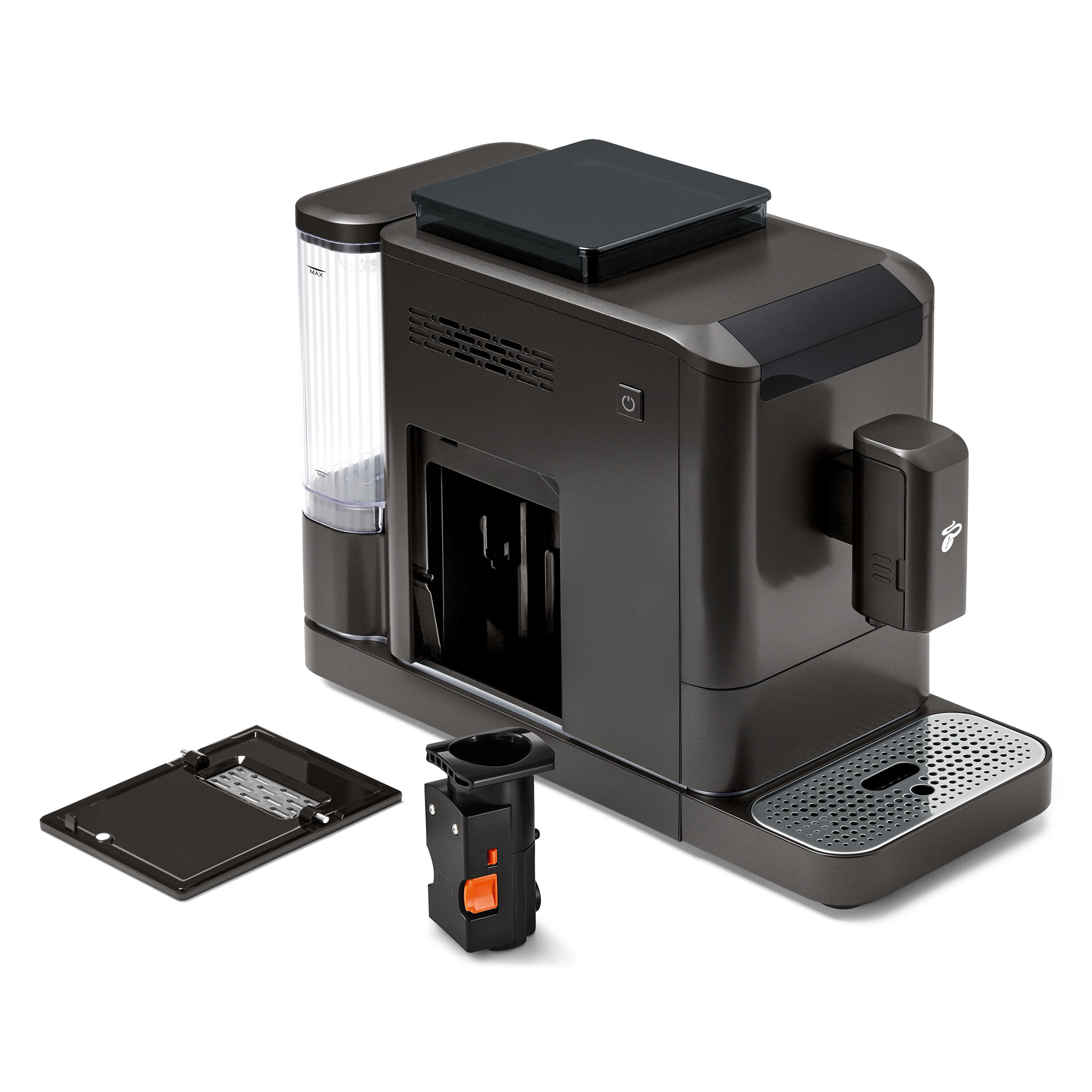 Dunkelgraue Kaffeemaschine mit abnehmbarem Wassertank und Tropfschale.