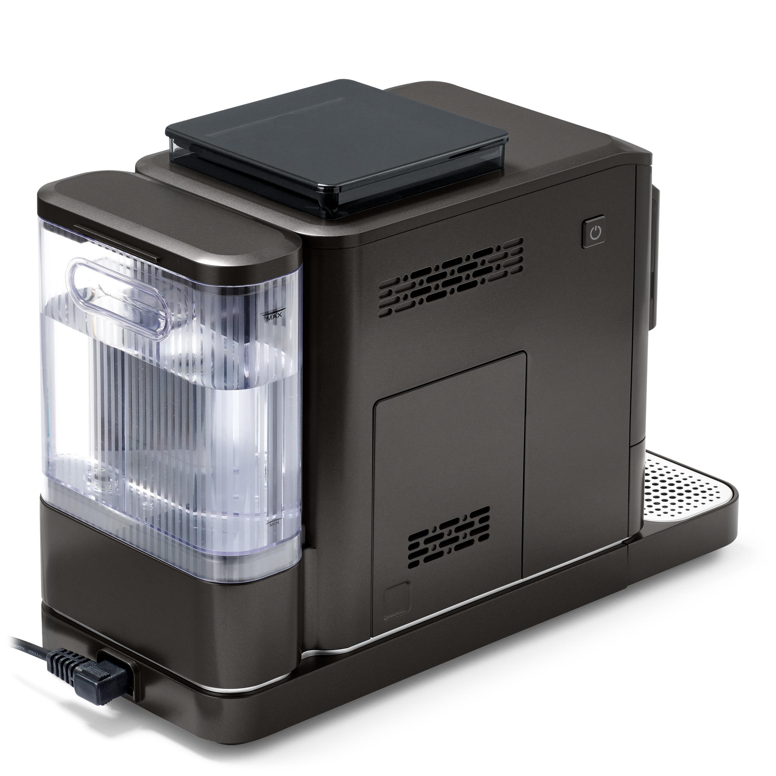Eine dunkle Kaffeemaschine mit transparentem Wassertank und silbernem Tropfblech.