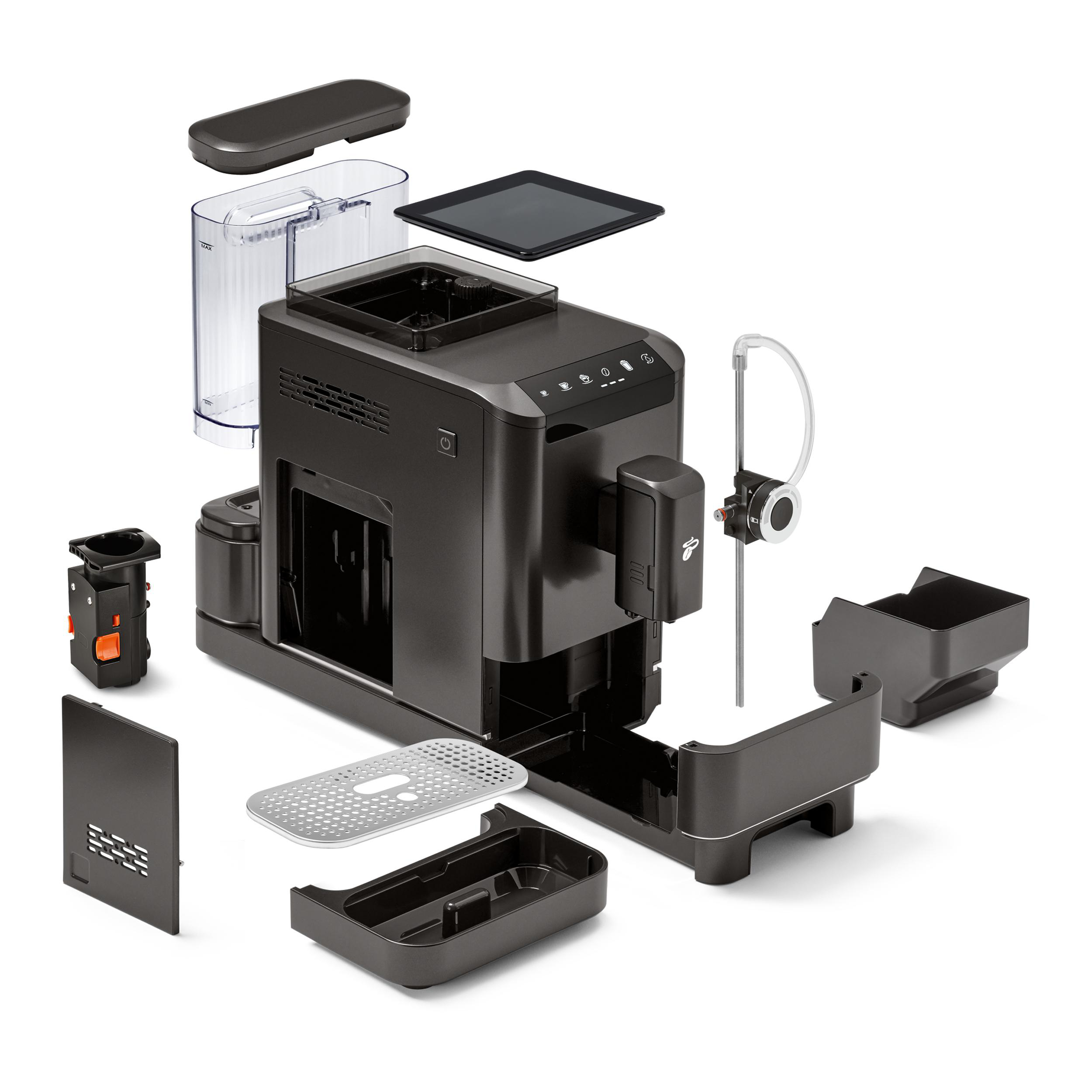 Zerlegte Kaffeemaschine mit Wassertank, Tropfschale, Siebträger und Bedienelementen.