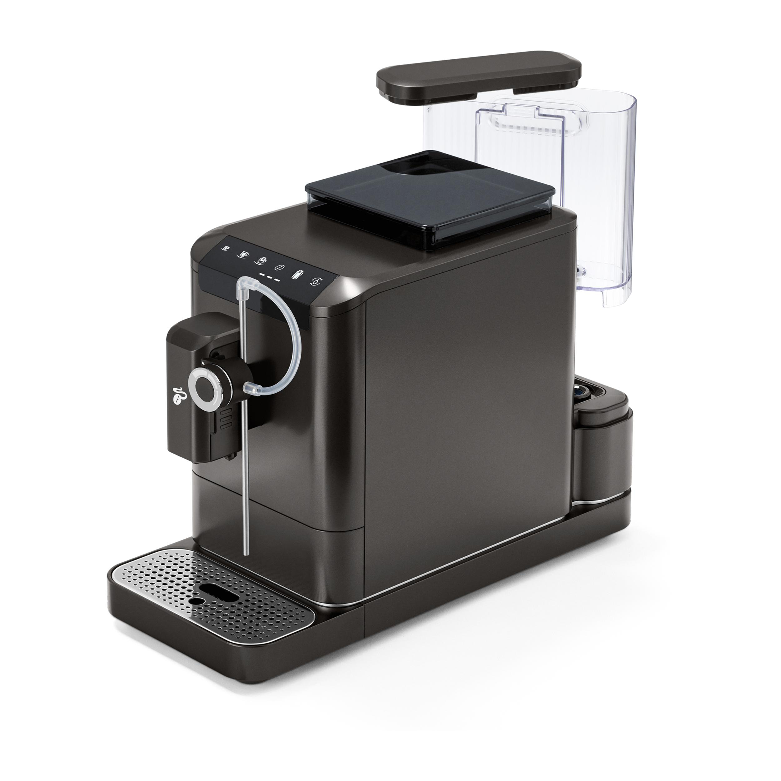 Dunkelgraue Kaffeemaschine mit abnehmbarem Wassertank und Tropfschale.