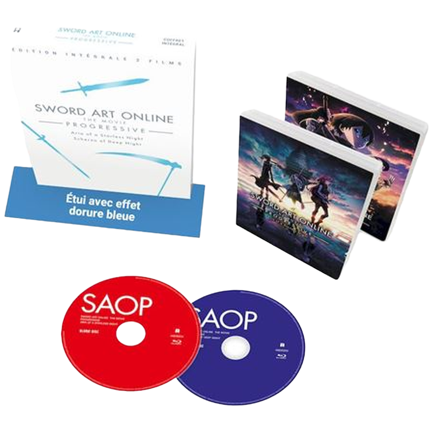 Sword Art Online hoes, twee Blu-rays en twee schijven in rood en blauw.