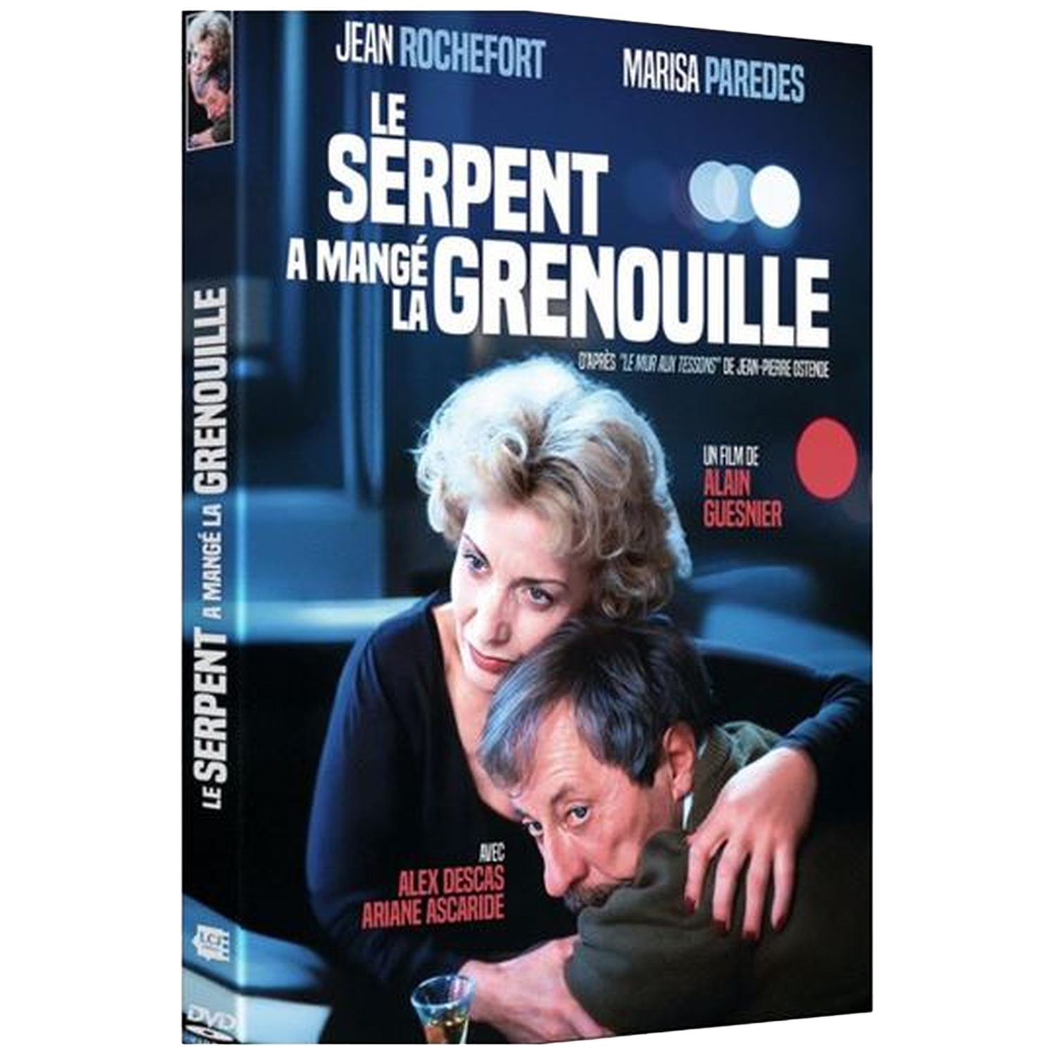 Affiche de film : femme enlacant un homme, titre "Le Serpent a mangé la grenouille".