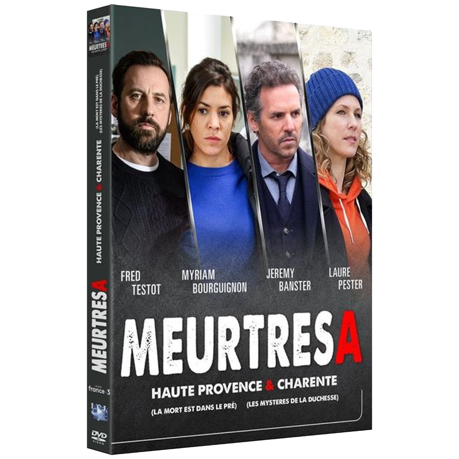 Dvd-hoes met vier hoofdrolspelers en de titel "Meurtres à Haute Provence & Charente".