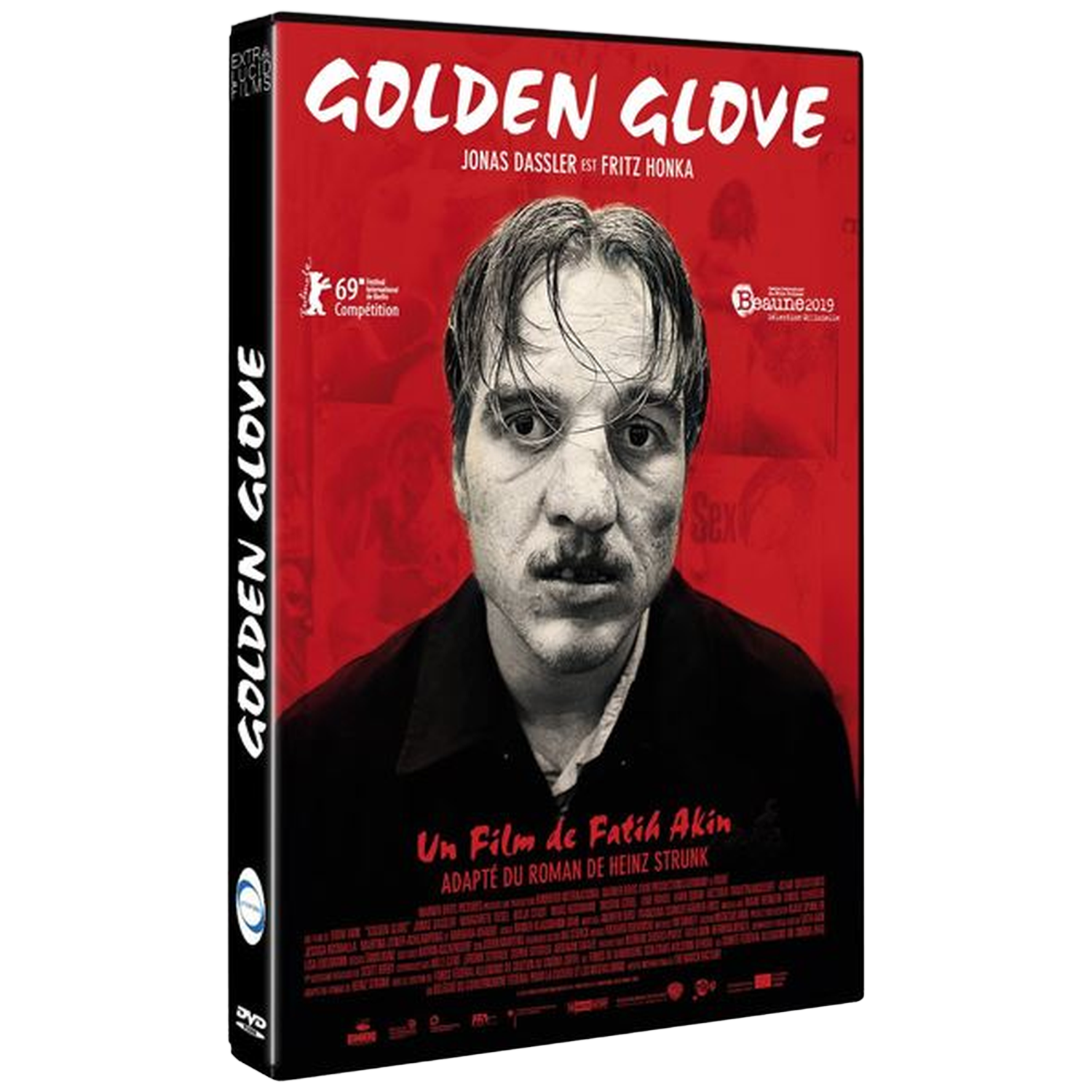 DVD-hoes "Golden Glove" met een man op de voorgrond.