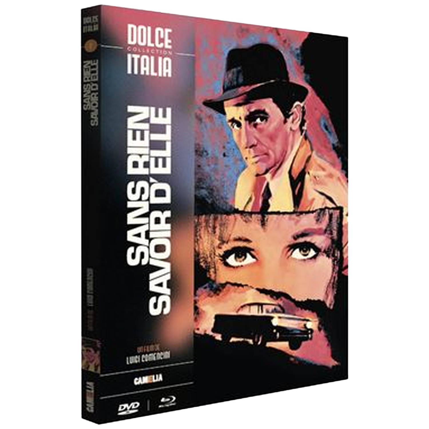 Dvd-hoes met filmposter: Man met hoed, gezicht van vrouw, auto. Titel: Sans Rien Savoir D'Elle.