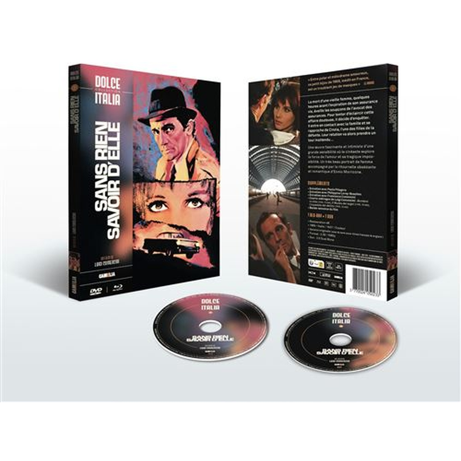 Dvd-hoes en schijven met filmkunst: man, gezicht van vrouw, auto, treinstation.