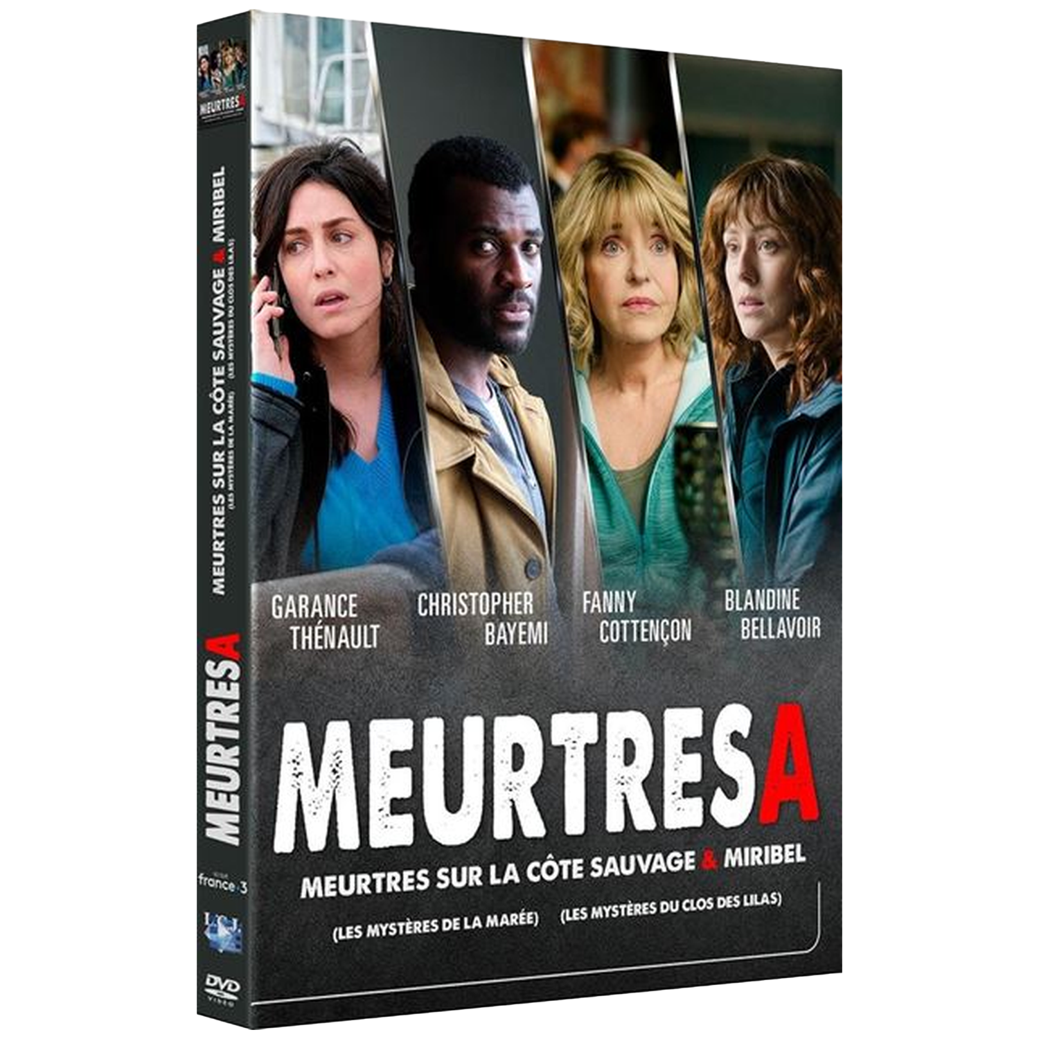 Couverture DVD avec quatre acteurs, intitulée 'Meurtres sur la côte sauvage'.