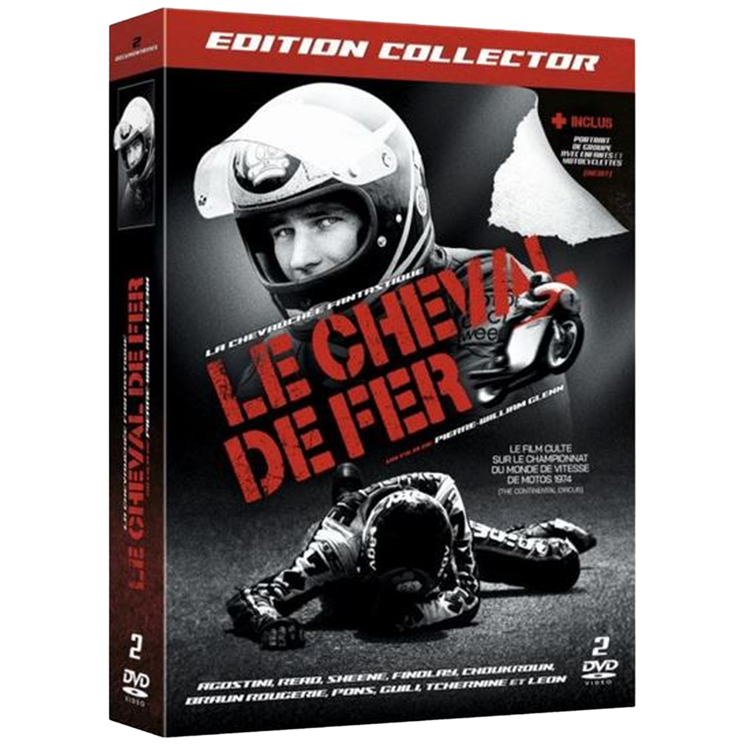 Couverture DVD avec des coureurs, casque, moto et titre du film 'Le Cheval de Fer'.