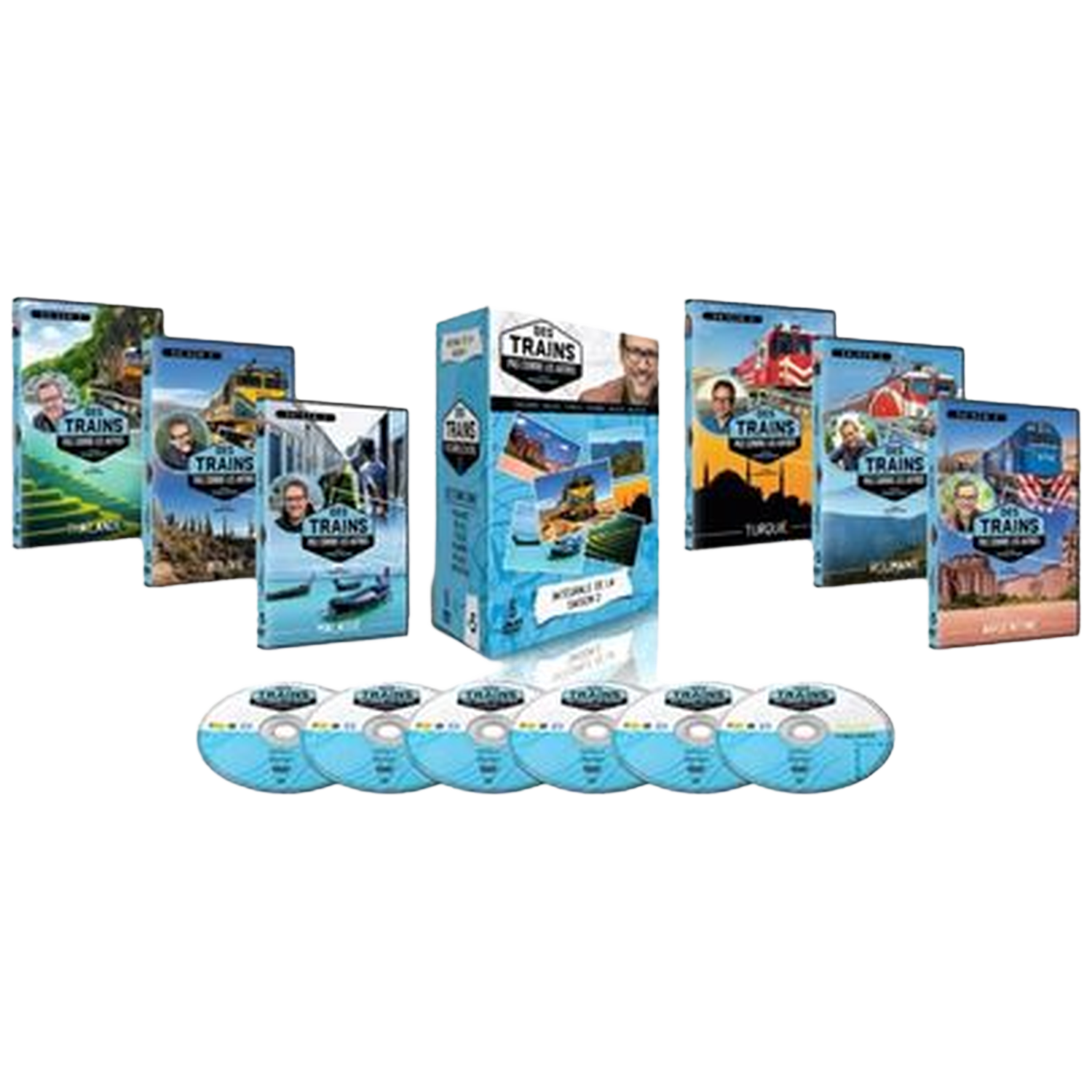 Meerdere dvd's uit de serie "Des Trains" met treinen en landschappen, op zwarte achtergrond.