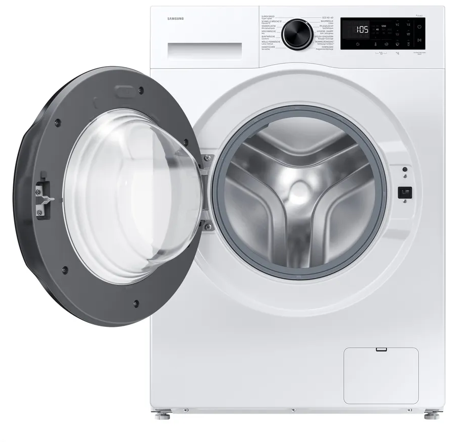 Weiße Samsung Waschmaschine mit geöffneter Tür und silberner Trommel.