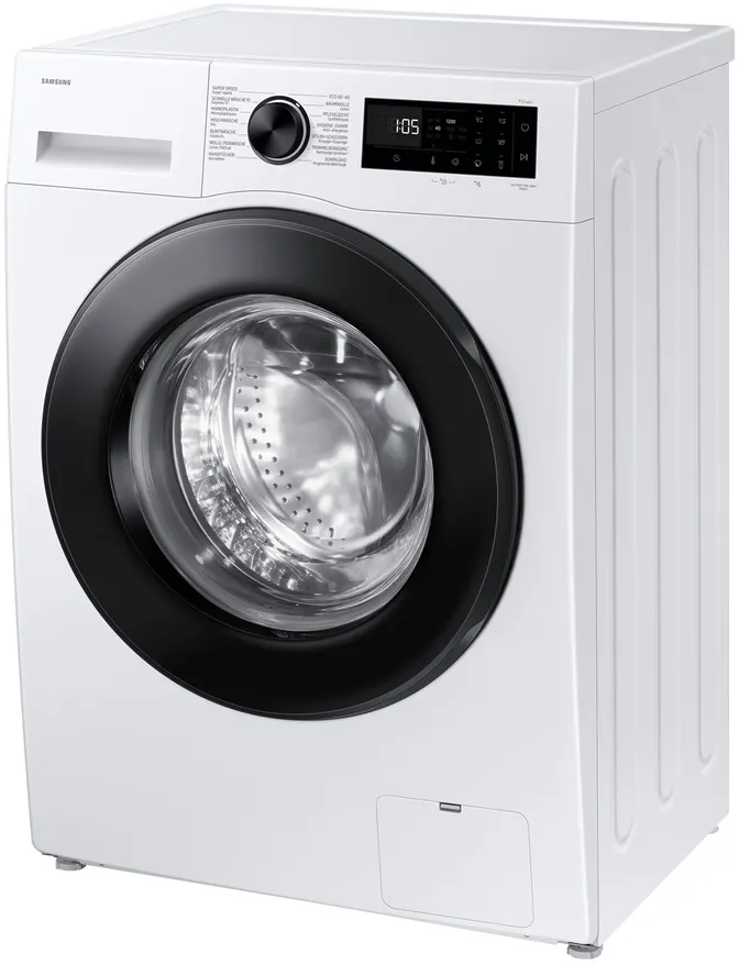 Eine weiße Samsung-Waschmaschine mit schwarzem Bullauge und Bedienfeld.