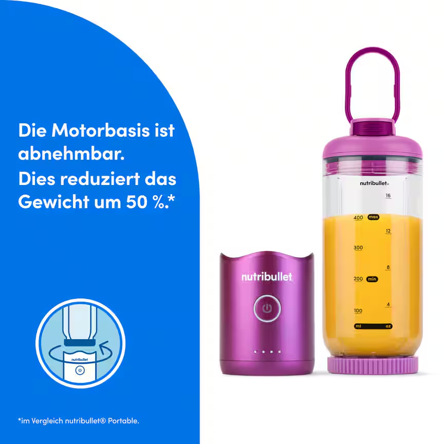 Un frullatore Nutribullet viola con base motore e contenitore succo.