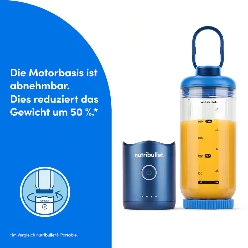 Un frullatore Nutribullet blu con base motore rimovibile e contenitore succo.
