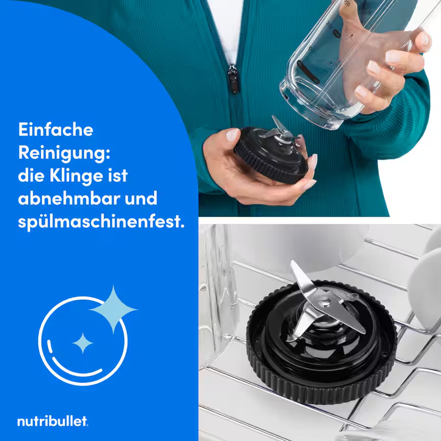 Una persona tiene una lama e un bicchiere rimovibili di un frullatore Nutribullet.