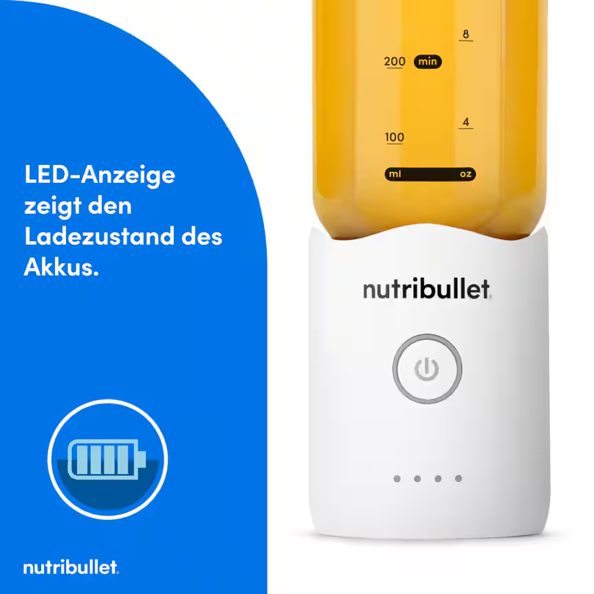Un frullatore Nutribullet bianco con succo giallo e un indicatore LED.