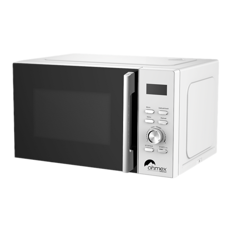 Un four à micro-ondes blanc avec porte noire et panneau de commande argenté.