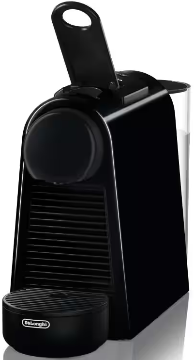 Schwarze Kaffeekapselmaschine mit Wassertank und Abtropfschale.