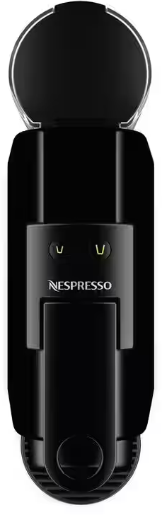 Eine schwarze Nespresso-Kaffeemaschine mit silbernem Rand und leuchtenden grünen Tasten.