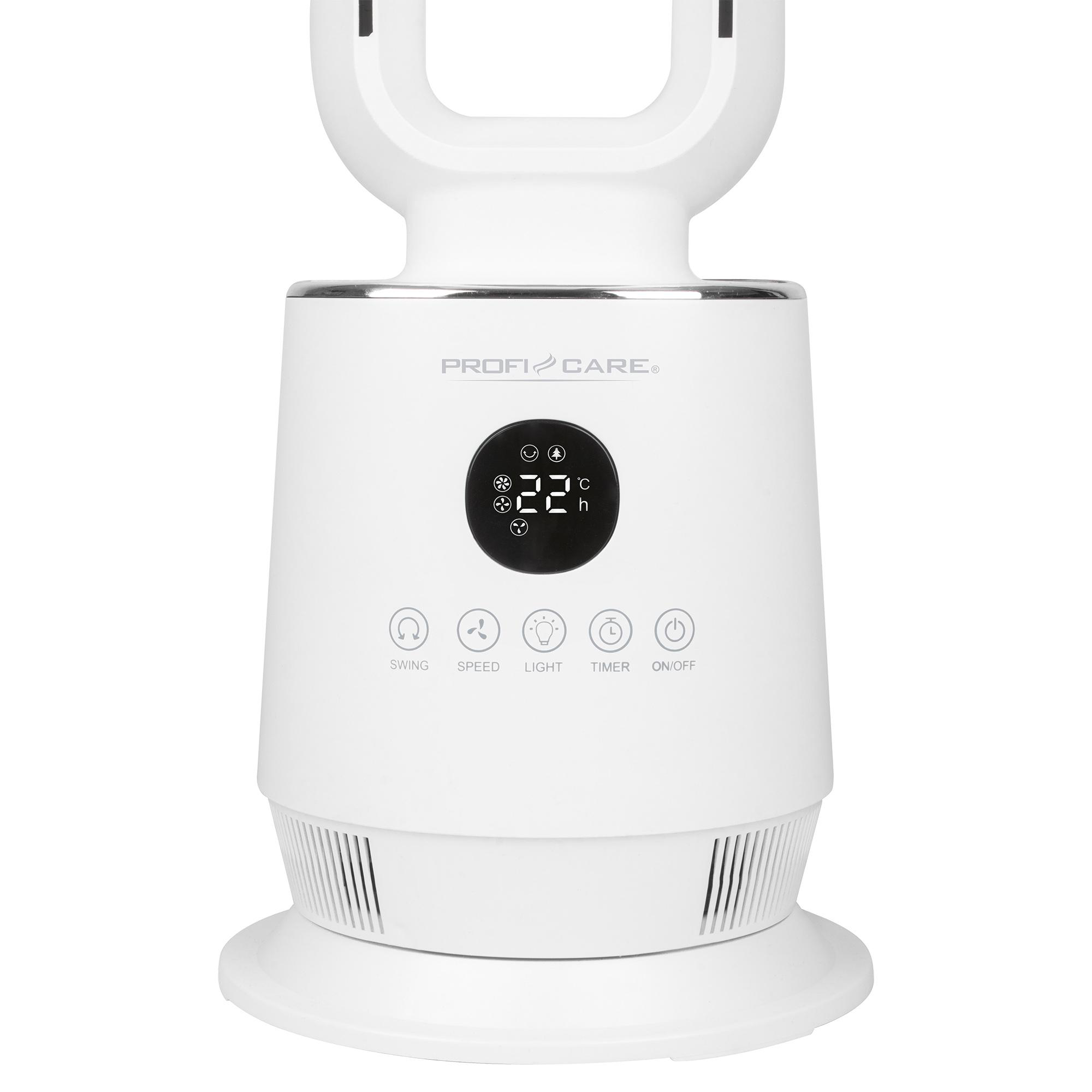 Ein weißer Ventilator mit digitalem Display zeigt 22 Grad an.