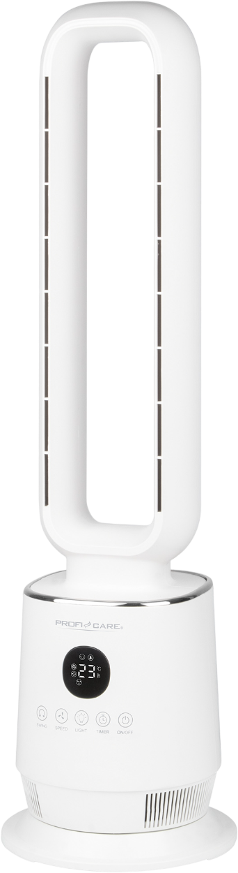 Ein weißer Turmventilator mit digitaler Anzeige und Touch-Bedienfeld.