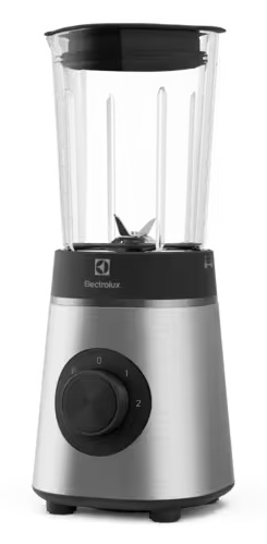 Srebrny blender z czarną pokrywą i panelem sterowania.