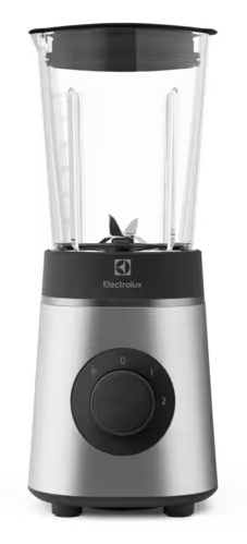 Srebrny blender z czarną pokrywą i przyciskami.