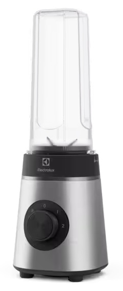 Srebrny blender z czarnymi pokrętłami i przezroczystym pojemnikiem.