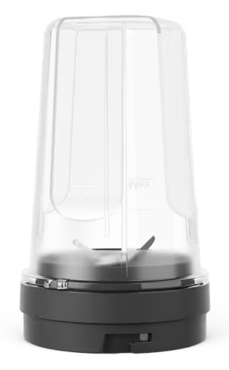 Przezroczysty kubek blendera z czarną podstawą i ostrzami.