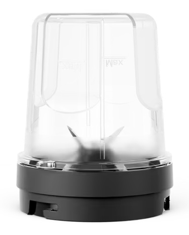 Przezroczysty kubek blendera z czarną podstawą i ostrzami.