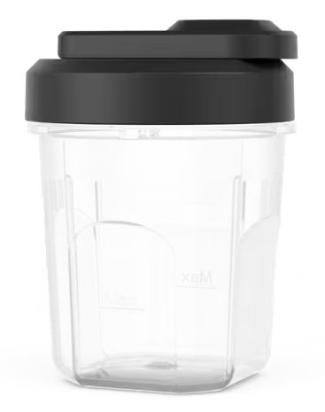 Przezroczysty plastikowy pojemnik z czarną pokrywką.