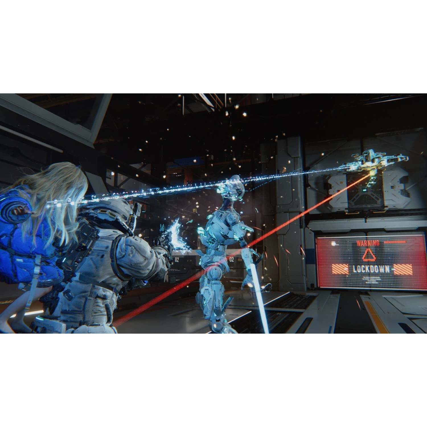 Armored soldiers fight in a futuristic facility with lasers and energy weapons.