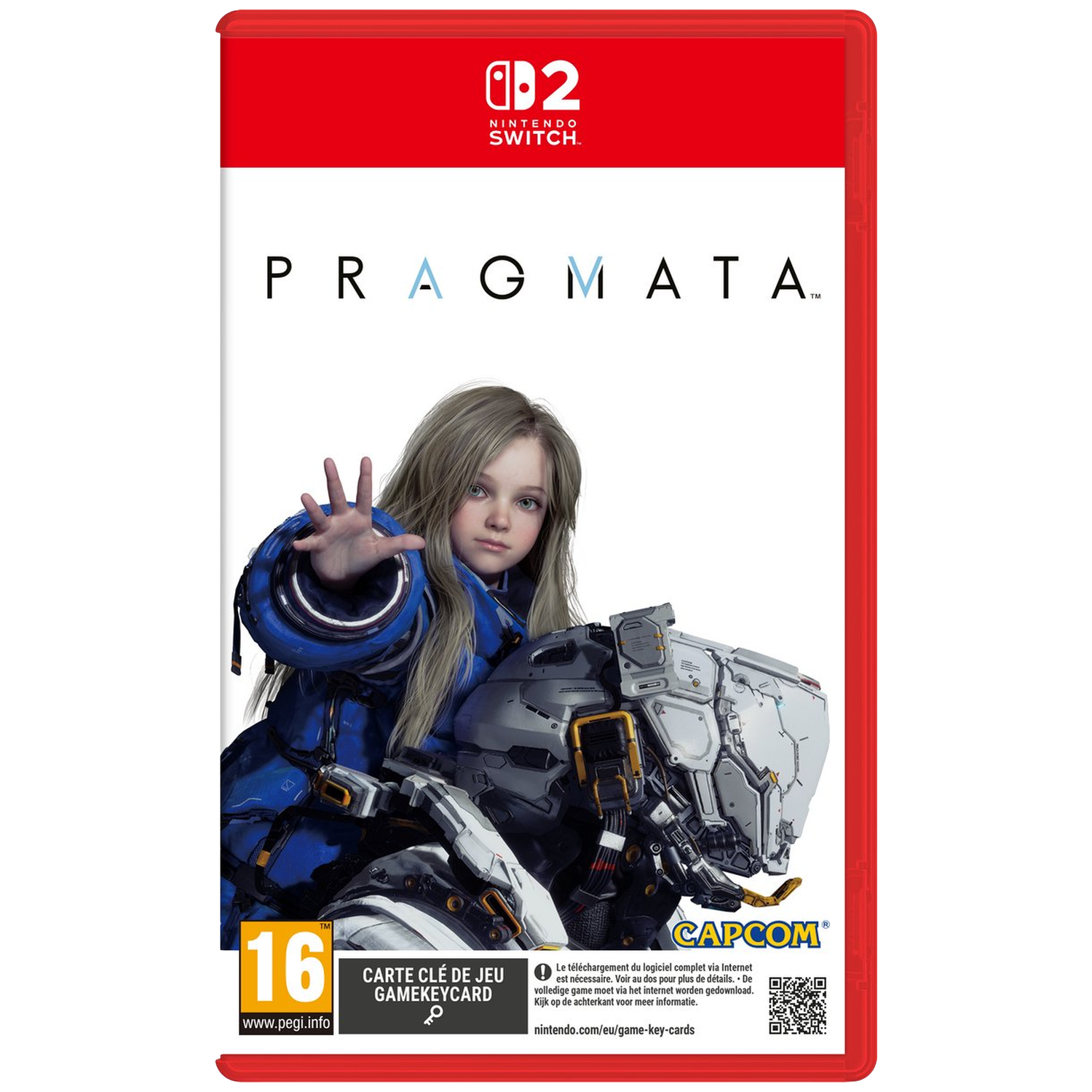 Une fille en armure bleue devant une structure mécanique. Jeu Nintendo Switch.