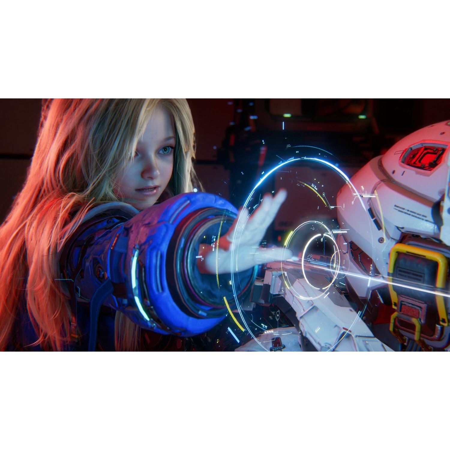 Une fille aux cheveux blonds tend la main vers une interface futuriste avec un robot en arrière-plan.
