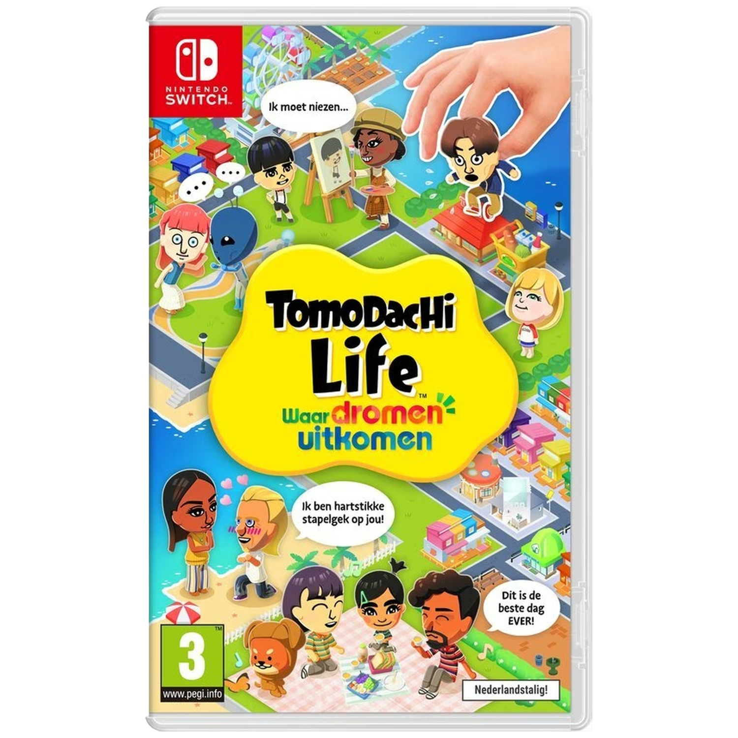 Couverture du jeu Tomodachi Life avec des personnages et bâtiments colorés.